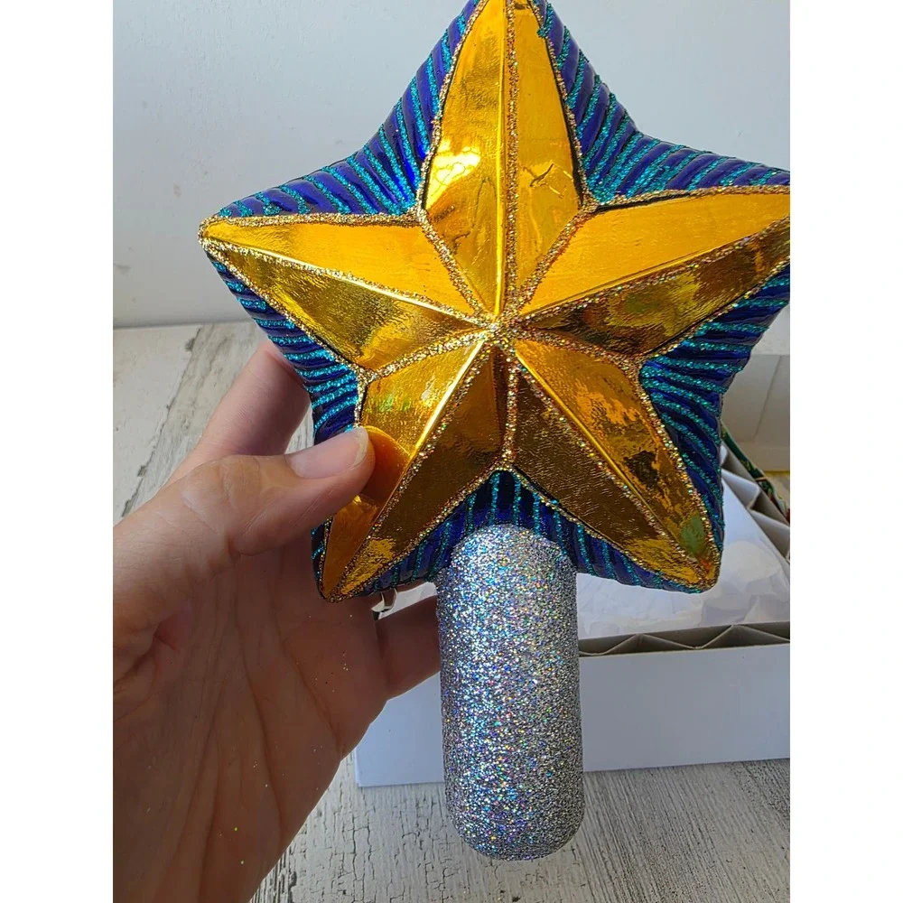 OWC old world star glitter tree topper gold blue Xmas glass tree